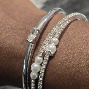 Anne Klien Elegant Silver Pearl Bracelet Set Women New